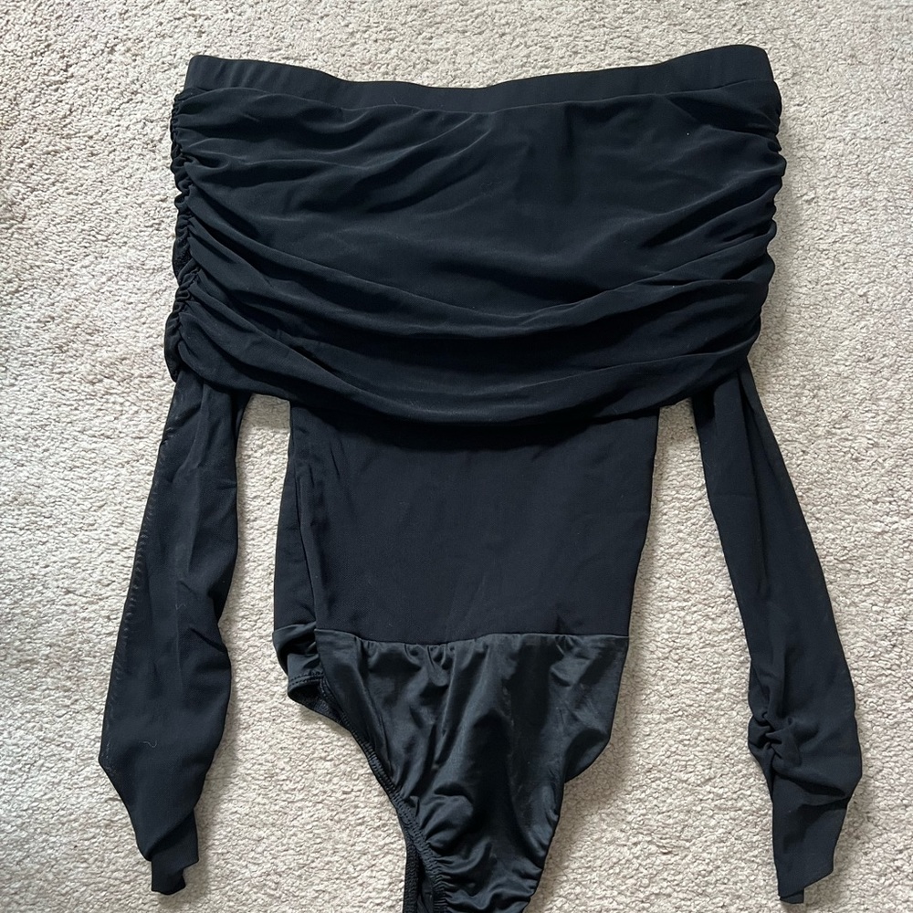 Lulu’s Black OTS Bodysuit with Mesh Sleeves